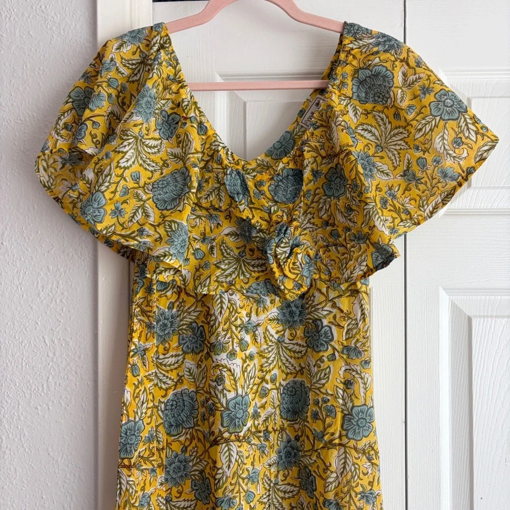 MILLE Resort & Travel Juliet Yellow Blue Floral Ruffle Maxi Summer Cotton Dress